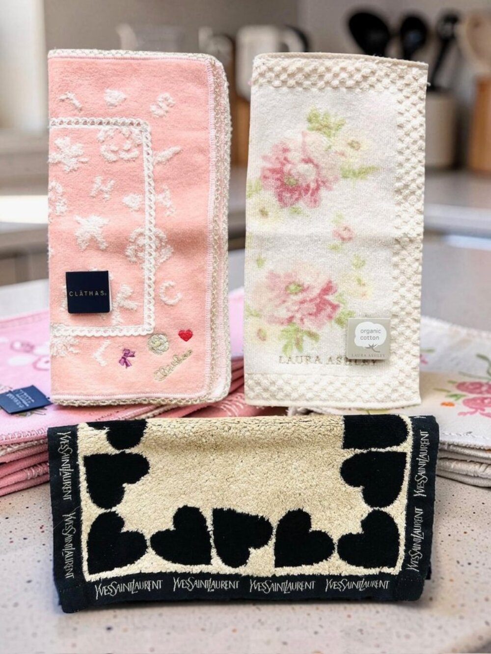 3) Hand Towel 10" : 1 YSL+1 LAURA ASHEY +1  CLATHAS  Heart Pink Floral   (92